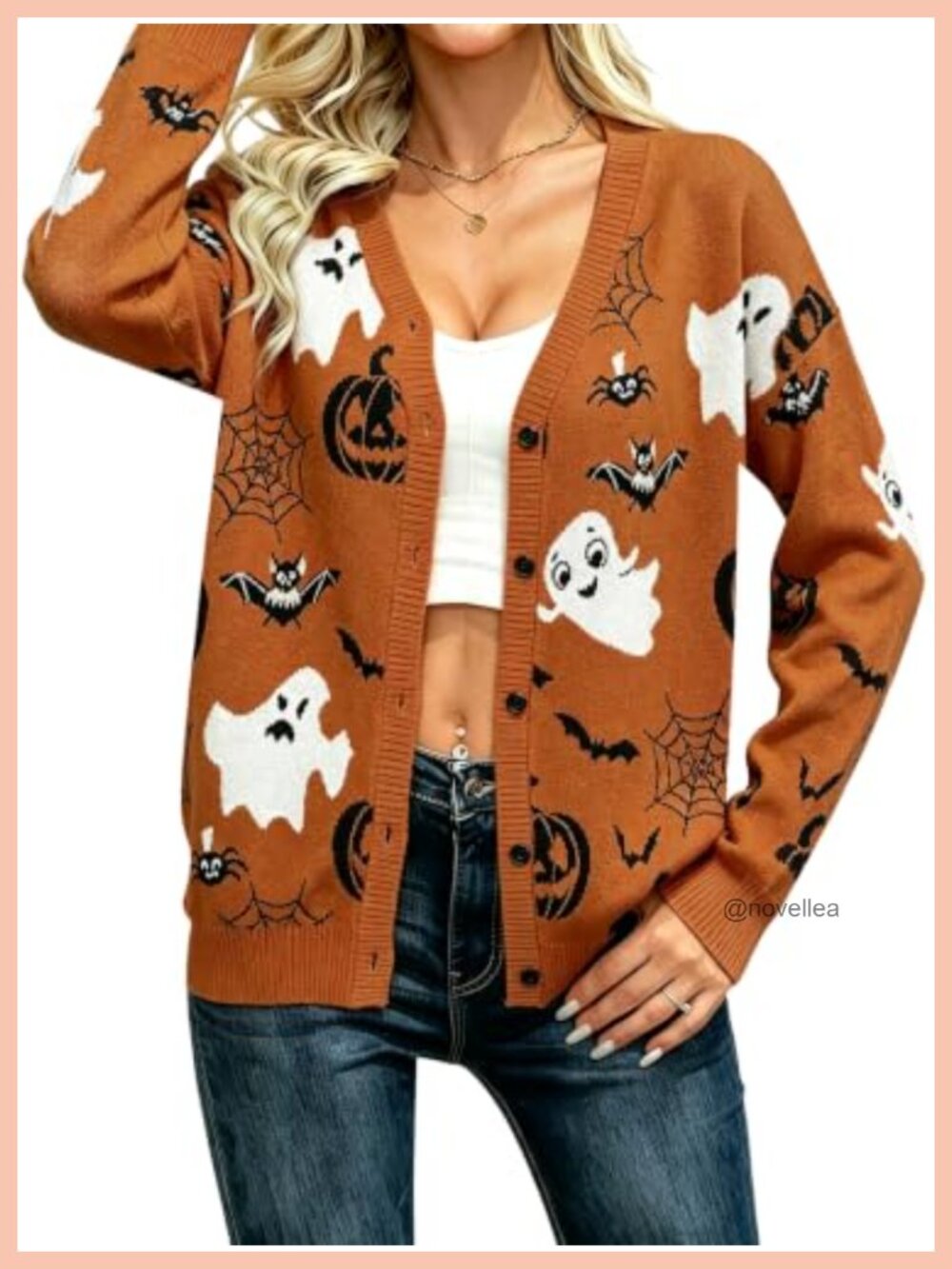 Women Halloween Cardigan Button Down Knit Sweater Pumpkin Ghost Print